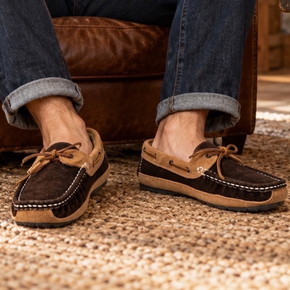Minnetonka Mens Two Tone Suede Pile Lined Hardsole Moccasin Slippers Brown Tan
